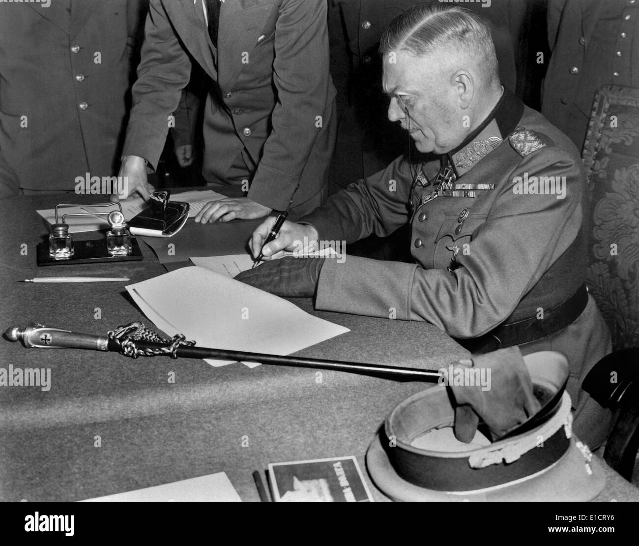 Field Marshal Wilhelm Keitel, signing the surrender for the German Army, May 7, 1945. At Russian Headquarters in Berlin, Stock Photo