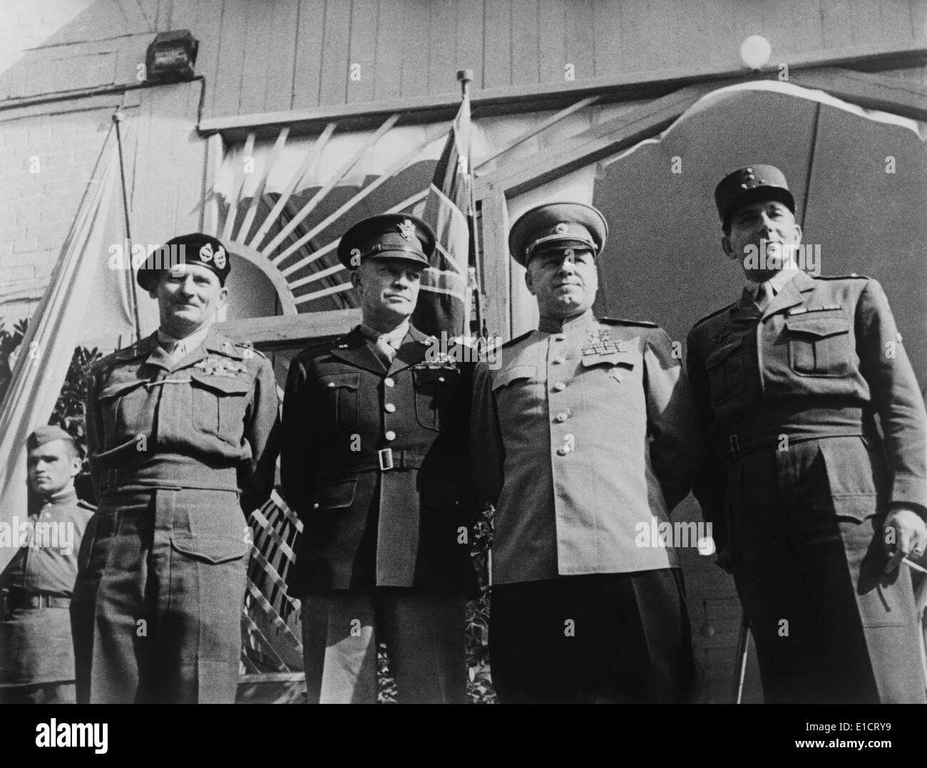 Generals Montgomery, Eisenhower, Zhukov, and de Lattre de Tassigny in Berlin, 1945. They met after the German surrender ending Stock Photo