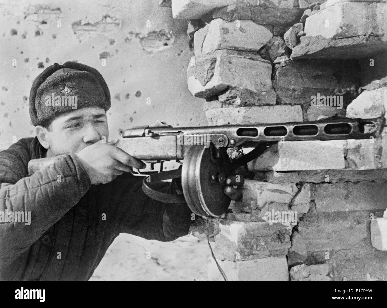 Battle for Stalingrad, World War 2. Red Army machine gunner bullet pocked wall. Oct. 1942-Feb. 1943. Photo by Georgii Zelma. Stock Photo