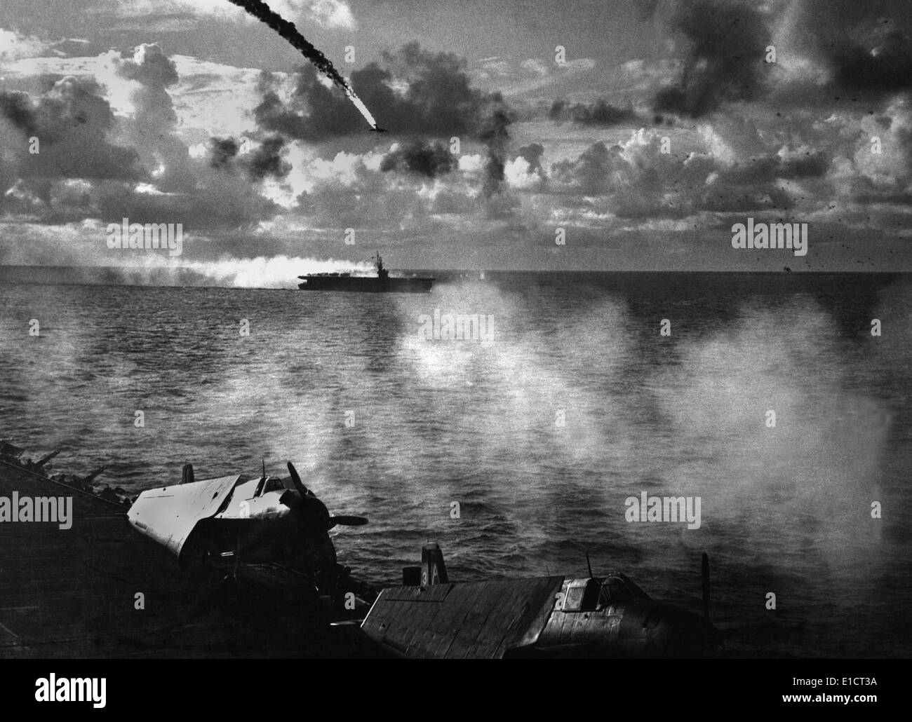 Japanese plane shot down during the Battle of the Philippine Sea, June 19-21, 1944. As U.S. naval forces supported the Mariana Stock Photo