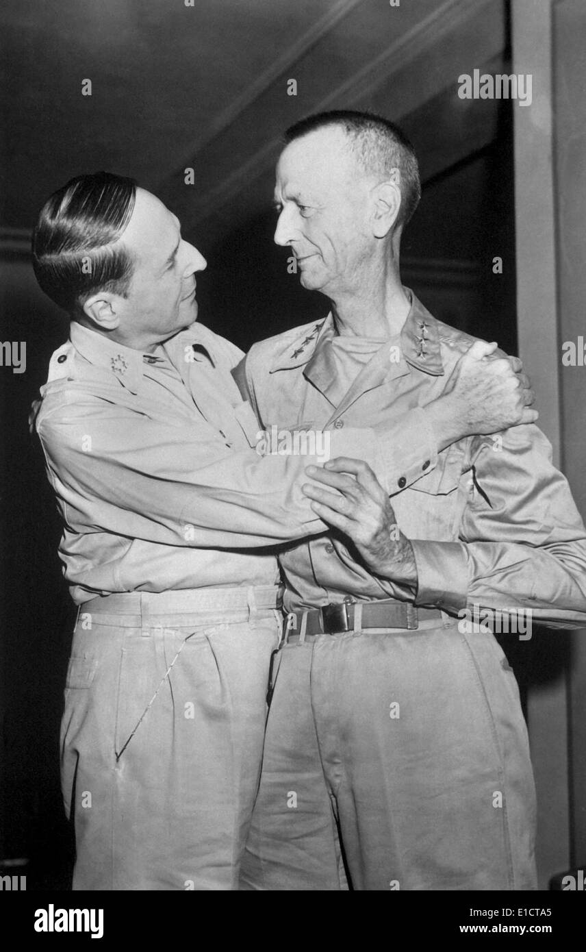Generals Douglas MacArthur and Jonathan Wainwright embrace at Yokohama, Japan. August 31, 1945. Wainwright spent three years as Stock Photo
