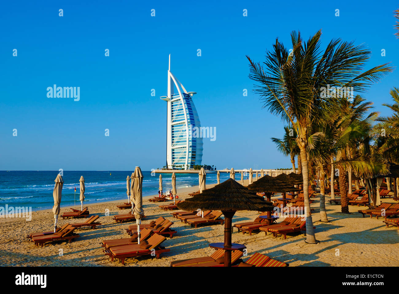 United Arab Emirates, Dubai, Jumeira beach, Hotel Mina A'Salam Madinat Jumeirah with View of Burj Al Arab hotel Stock Photo