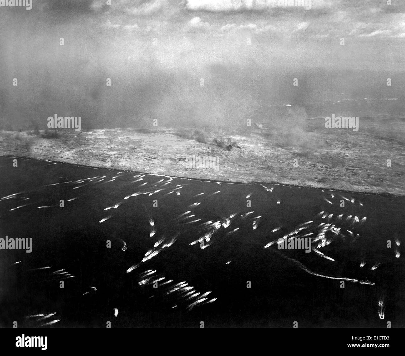 Aerial view of the first wave of landing craft invading Iwo Jima, Feb. 19, 1945. World War 2. (BSLOC 2013 13 49) Stock Photo