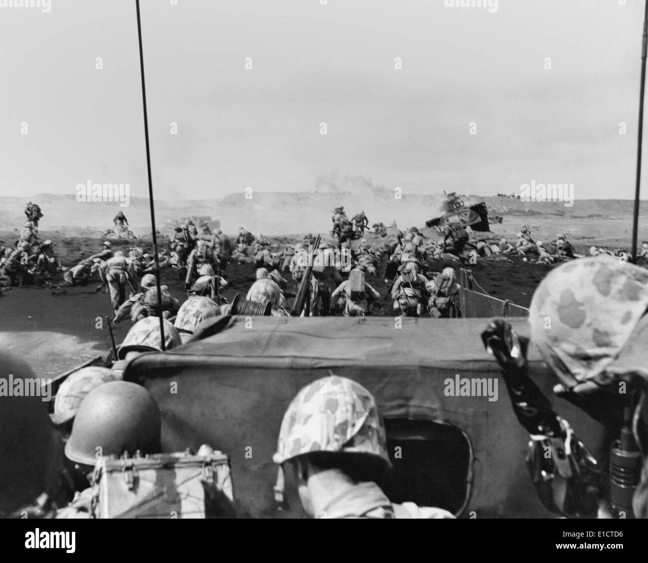 5th Division Marines landing on Iwo Jima photographed from an approaching landing craft. Feb. 19, 1945. World War 2. Stock Photo