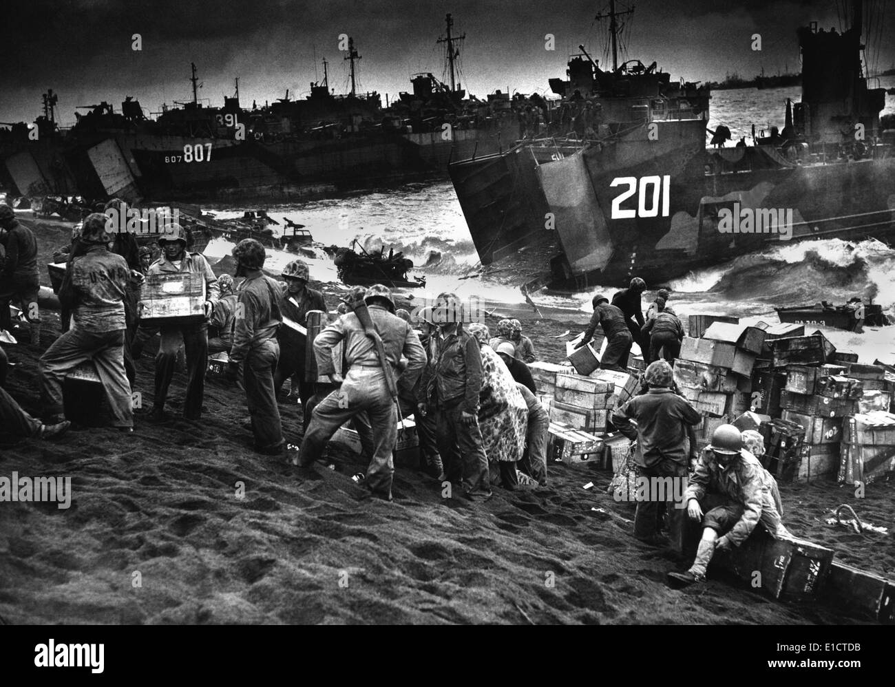 Landing craft delivering Marine invasion supplies to Iwo Jima. Feb. 19, 1945. World War 2. (BSLOC 2013 13 56) Stock Photo