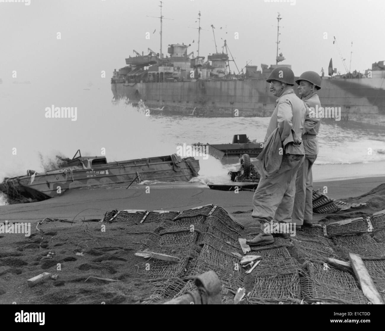 Lt. General Holland Smith, Commander of the Invasion, and Col. Dudley Brown on Iwo Jima. They had not planned for the soft Stock Photo