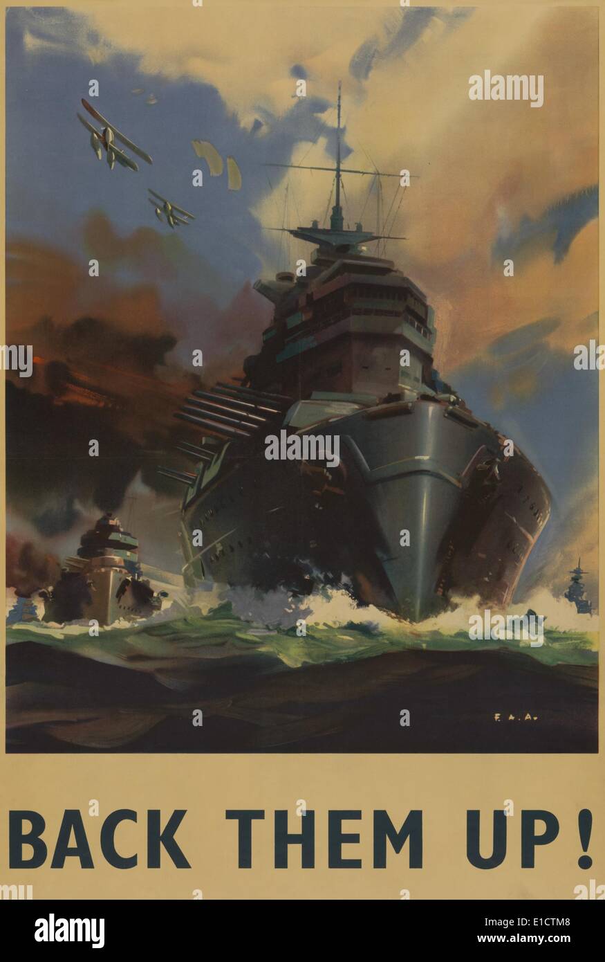 British World War 2 poster. 'Back Them Up!' reads a poster depicting warships and seaplanes. Ca. 1939-45. (BSLOC_2013_14_212) Stock Photo