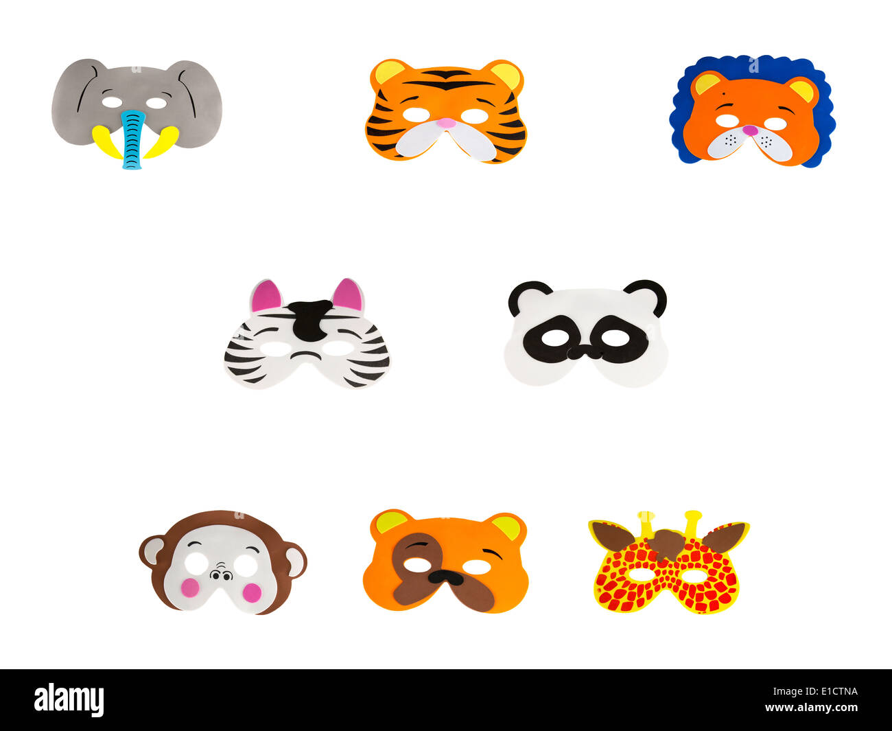 Collage of eight foam zoo animal masks isolated on white Stock Photo