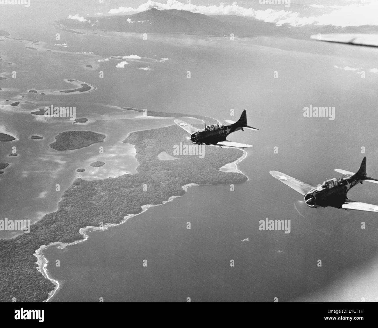 Marine Corp 'Bulldog' fighters approaching a target on Guadalcanal ...