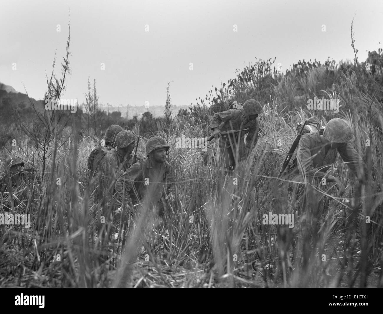 U.S. Marines patrol on Saipan advances through a grassy ravine. They follow Japanese communication lines in an effort to locate Stock Photo