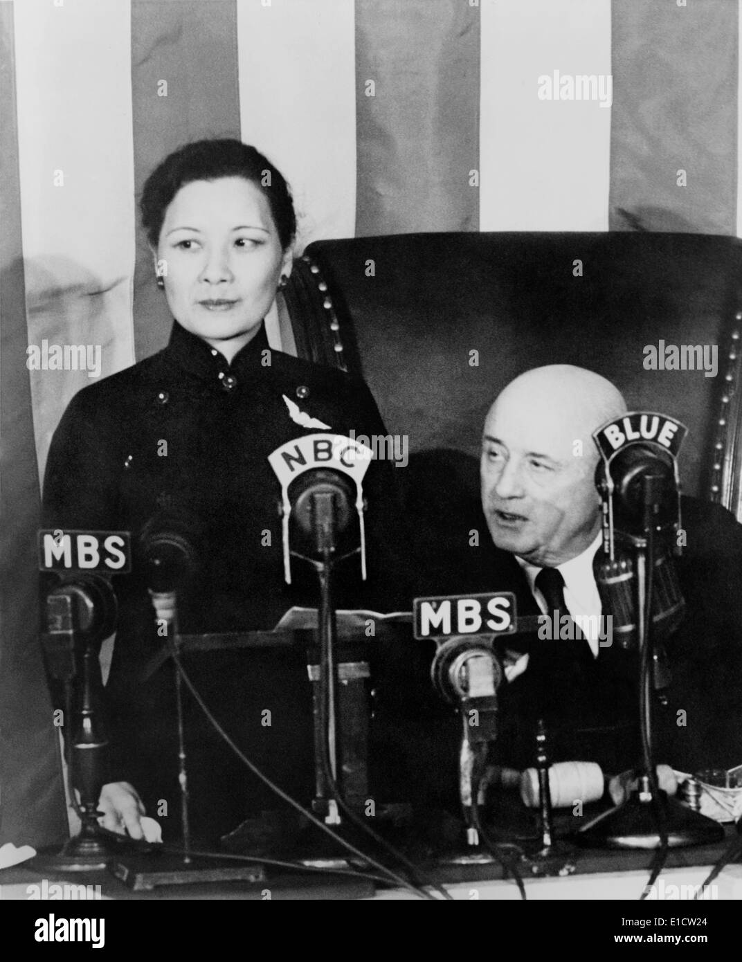 Madame Chiang addresses a joint session of Congress on Feb. 18, 1943. With Speaker Sam Rayburn behind her, she appealed for Stock Photo