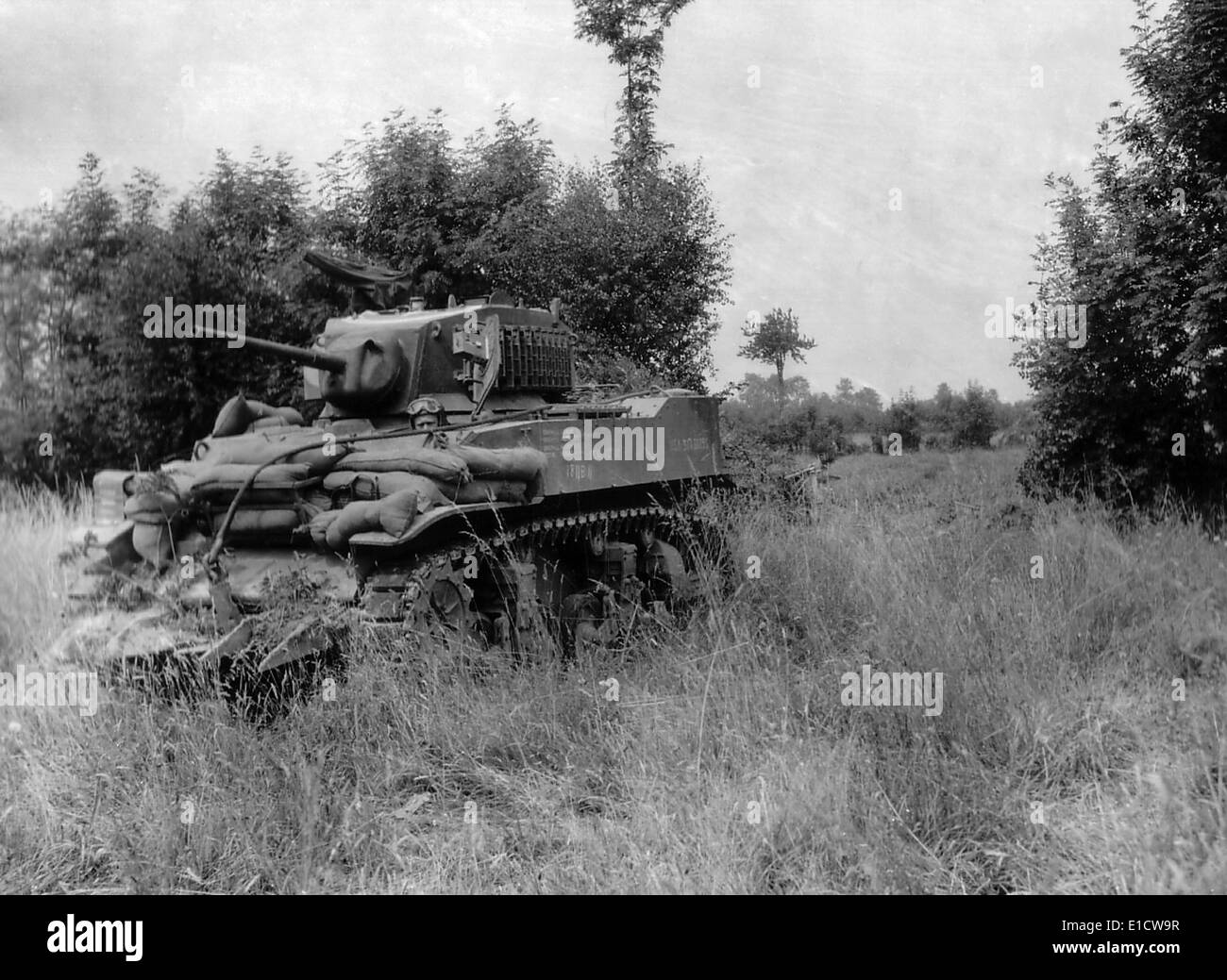 U.S. light tank equipped with the 'Culin Hedgecutter' for breaching the Norman hedgerows. The sharp blades were made from Stock Photo