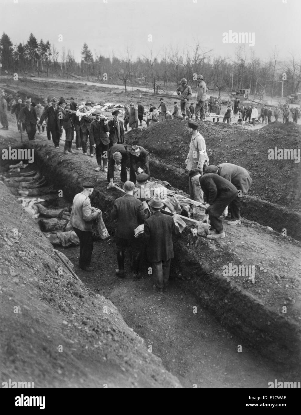 German civilians of Nordhausen were forced to dig graves for the victims of the concentration camp. April 1945, World War 2. Stock Photo