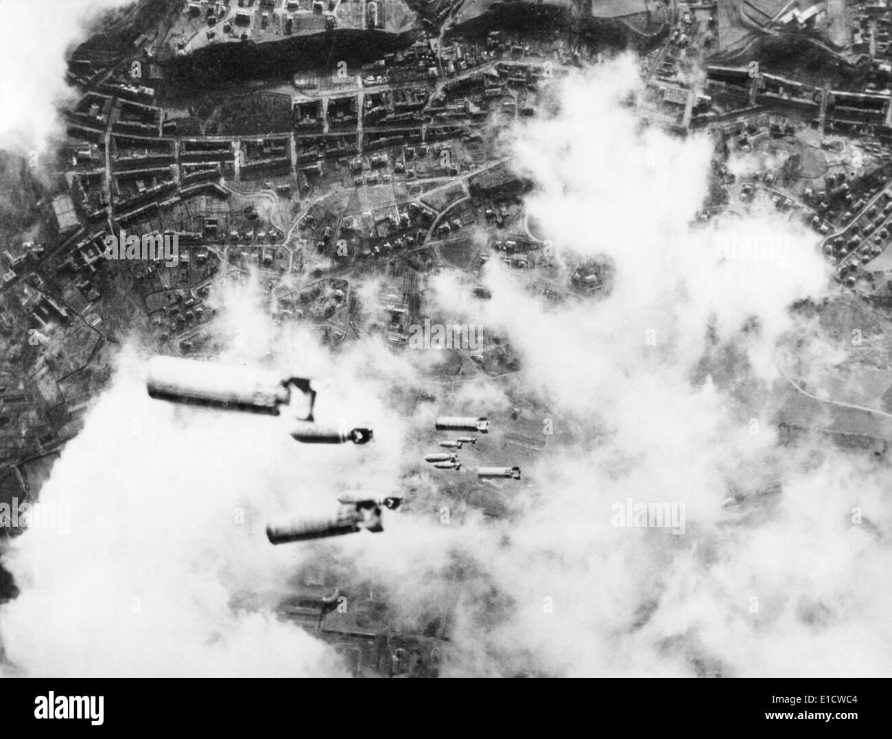 Incendiary bombs fall toward the city of Dresden, Germany. U.S. 8th Air Force heavy bombers attacked the Saxony capital Stock Photo