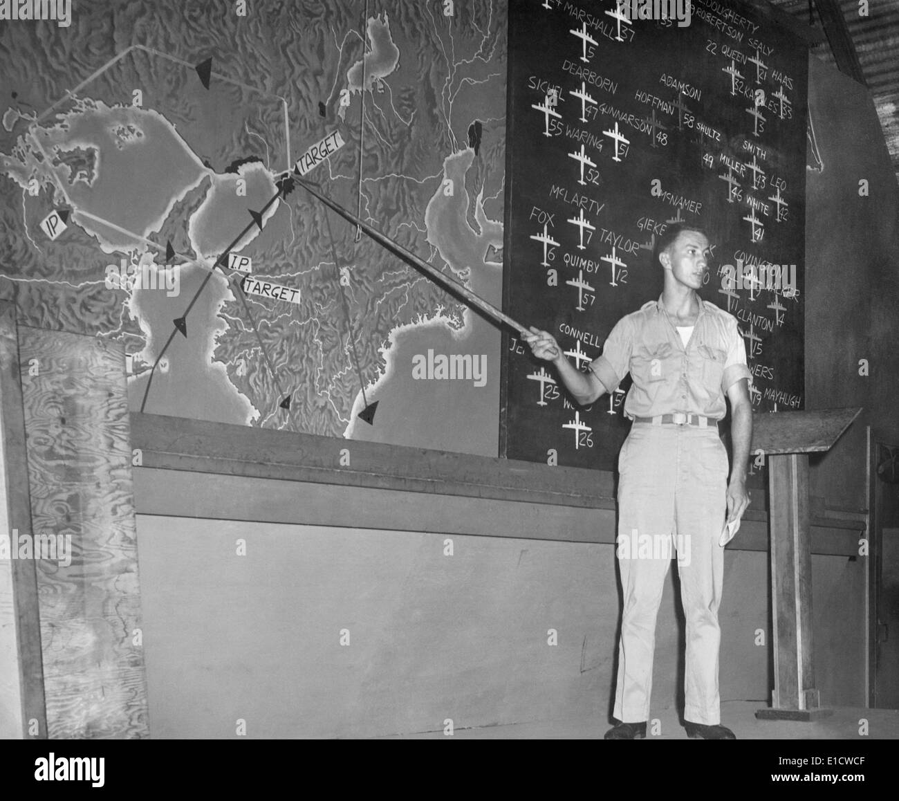Planning a bombing raid on Japan from Saipan in the Marianas Islands. Capt. Glenn McClure, 500th Bombardment Group, 20th Air Stock Photo
