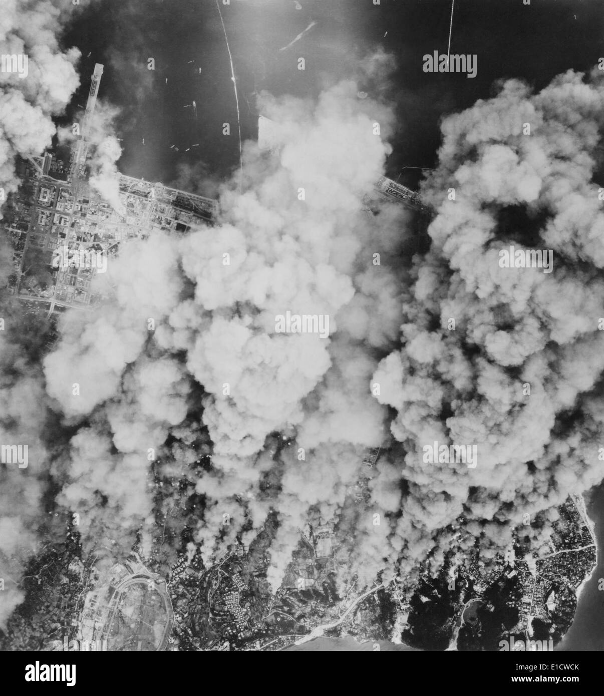 Smoke over Yokohama, Japan, after incendiary bombing of large sections