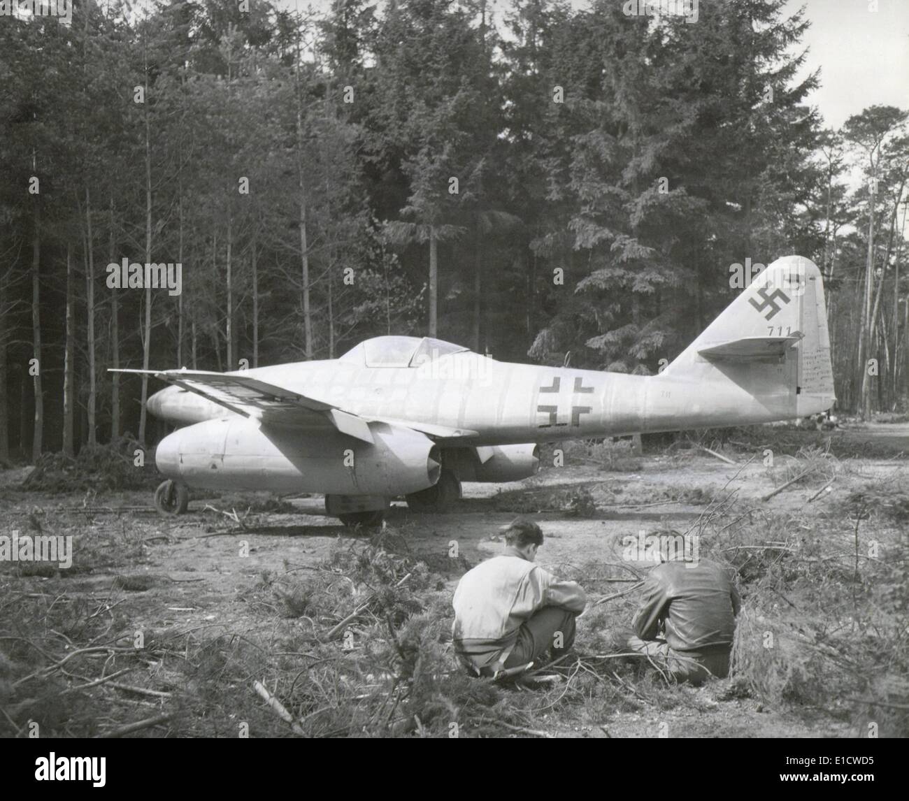 German jet-propelled plane at Rheinmain Airport near Frankfurt, Germany. The Messerschmitt Me 262 Schwalbe (Swallow) of Nazi Stock Photo