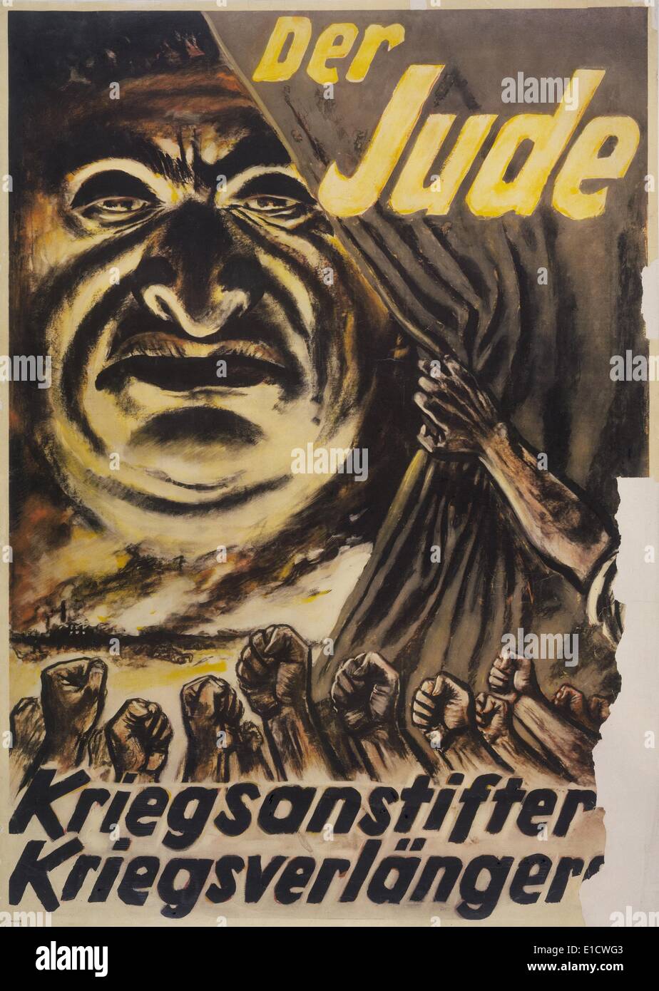 'The Jew: Warmonger, War Elongater'. 1940s German Anti-Semitic Poster. It accuses Jews of starting World War 2 and of Stock Photo