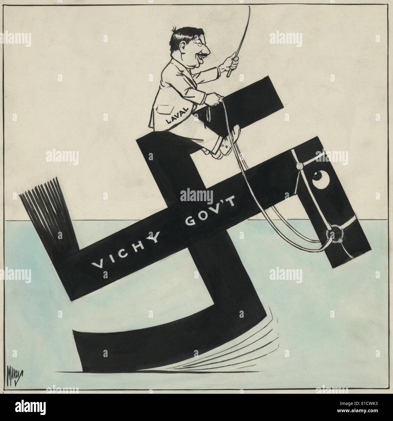 Cartoon of French leader Pierre Laval riding a swastika labeled 'Vichy Gov't.' After the surrendered of France in June 1940, Stock Photo