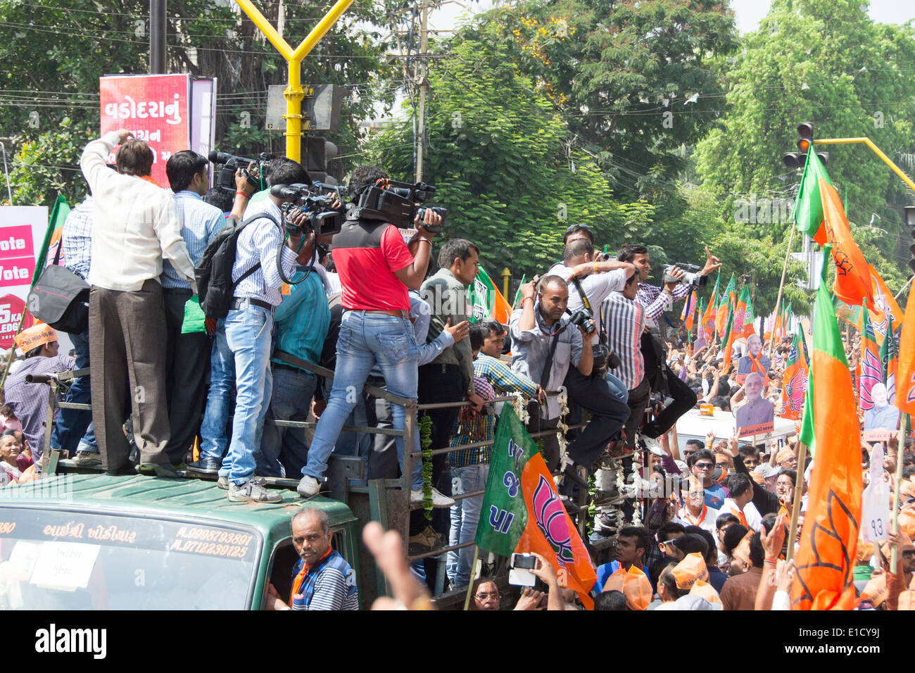 VADODARA, GUJARAT/INDIA - 9th April 2014 : Media taking photos of  prime ministerial candidate Narendra Modi Stock Photo