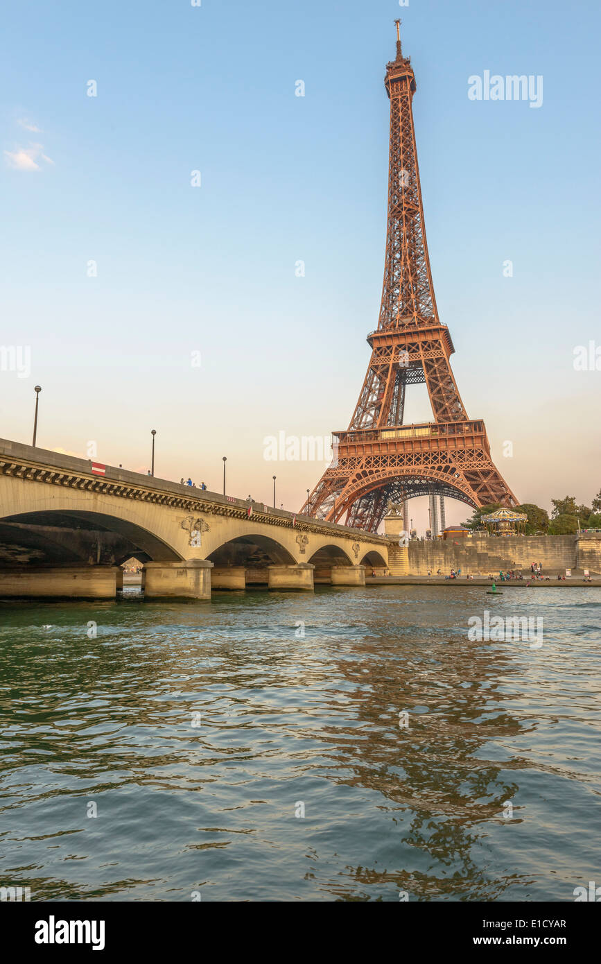 Eiffel Tower and Seine River at sunset from Port Debilly in Trocadero