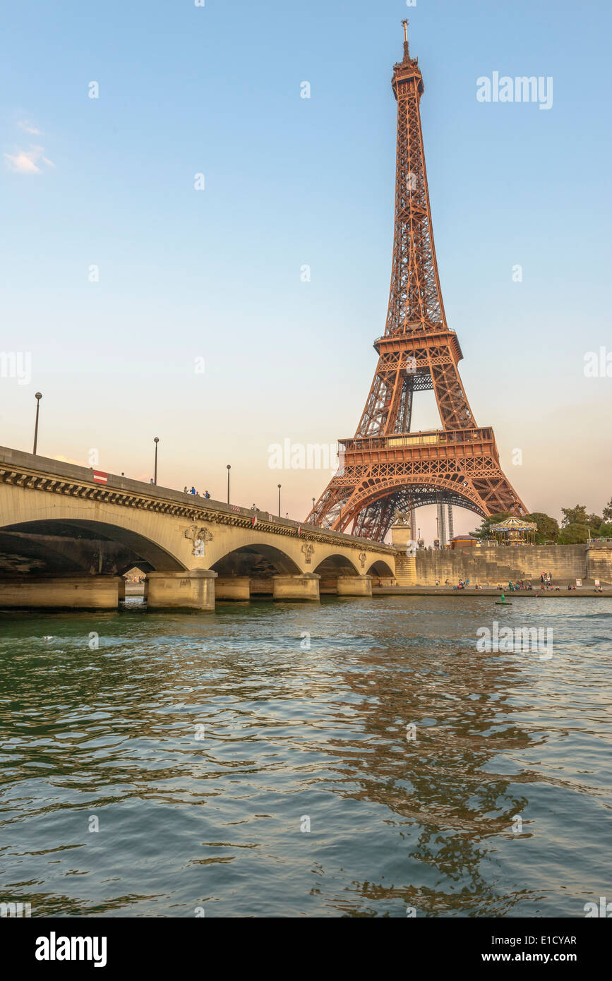 Eiffel Tower and Seine River at sunset from Port Debilly in Trocadero Stock Photo