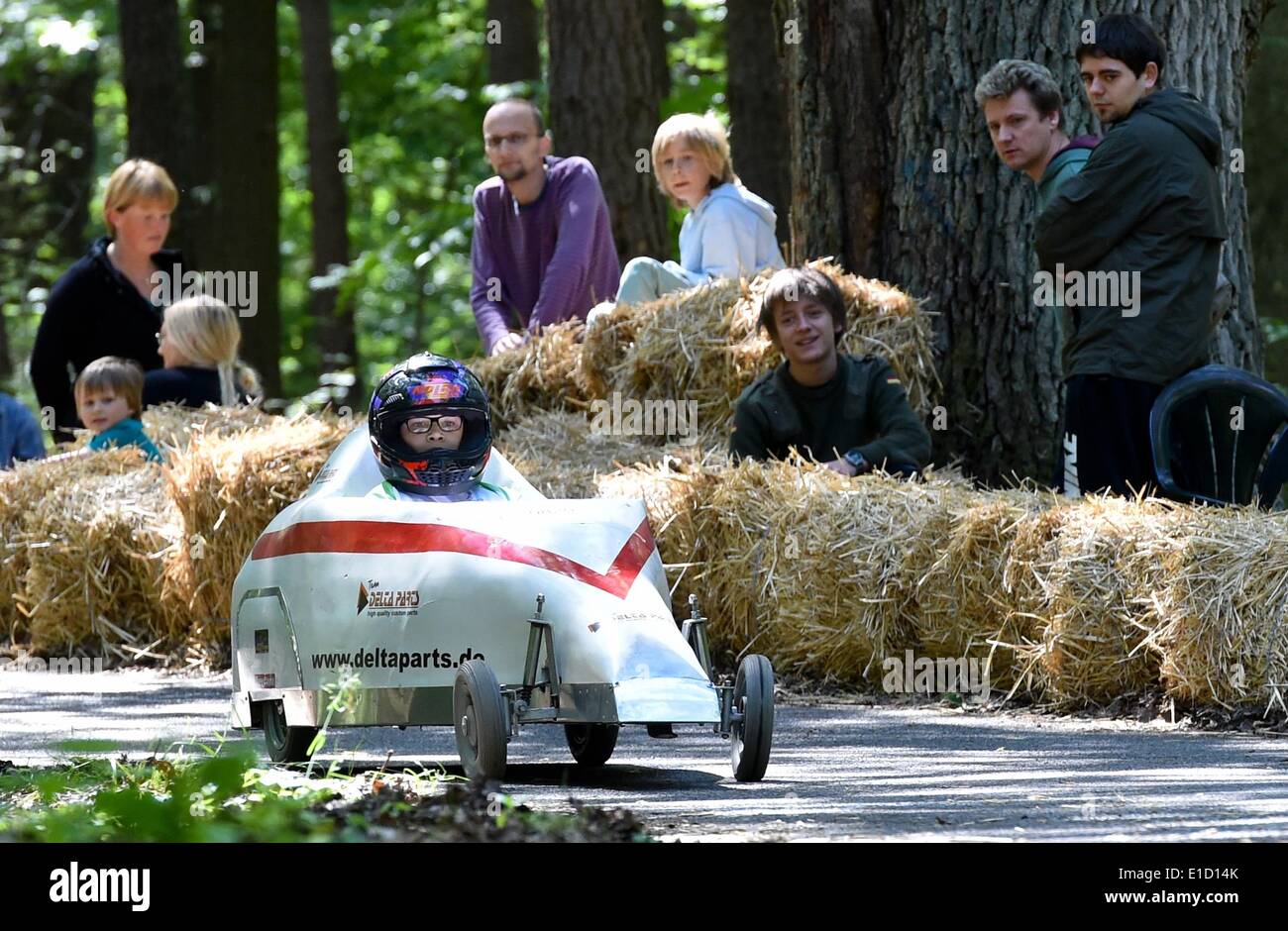 Rauen, Germany. 31st May, 2014. A soapbox in action during the soapbox car race in Rauen, Germany, 31 May 2014. More than fifty participants take part in the gravity racer race. Photo: Patrick Pleul/dpa/Alamy Live News Stock Photo
