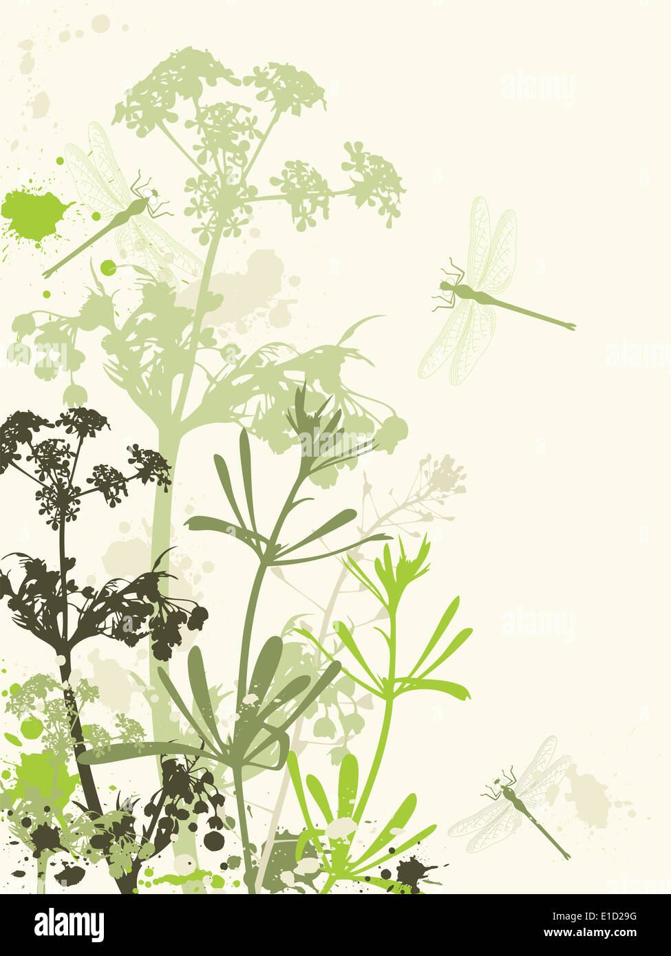 Background with green flowers,dragonfly and grunge effect Stock Photo ...
