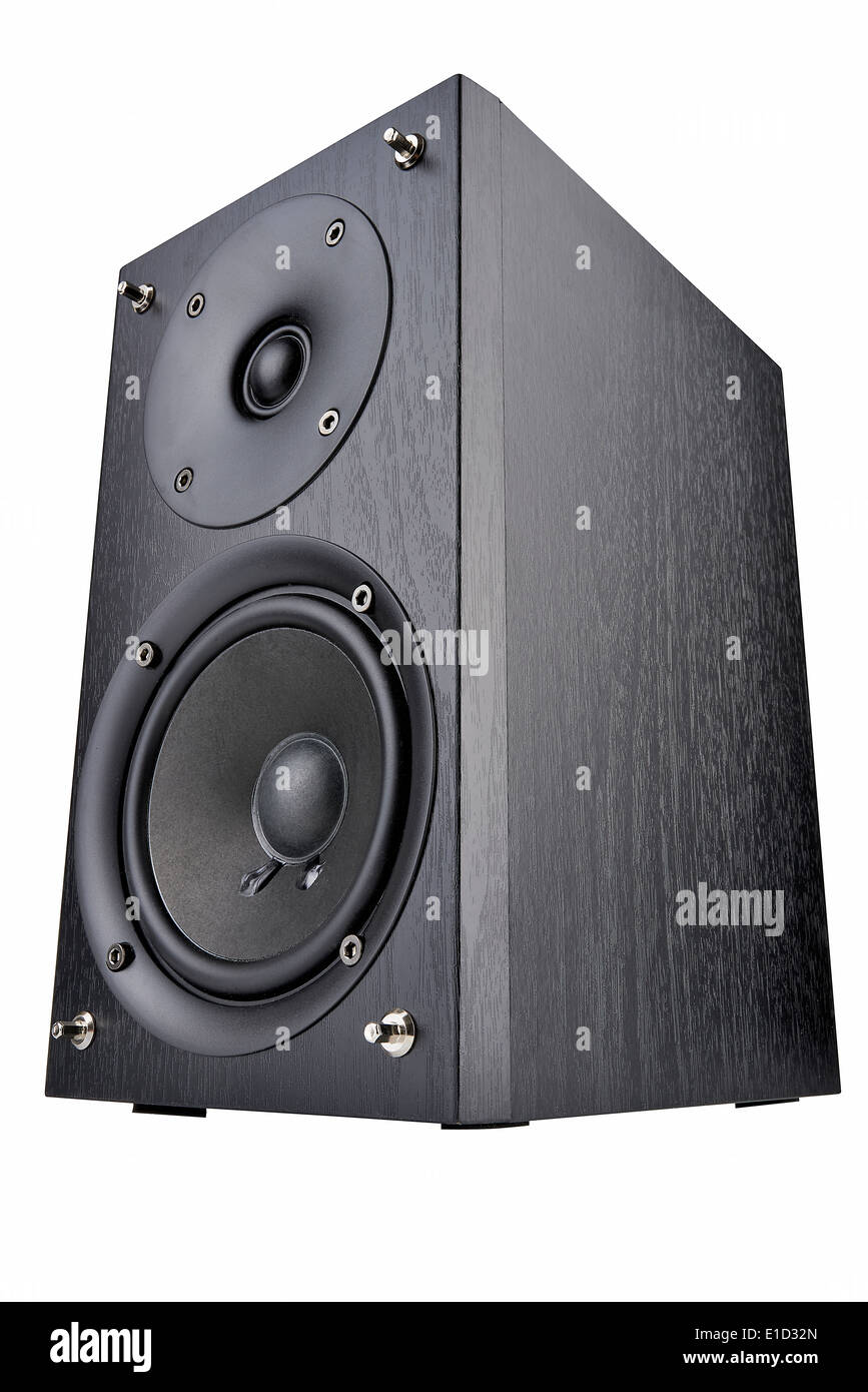 Black audio speaker, stereo equipment in wide angle and isolated on white with clipping path Stock Photo