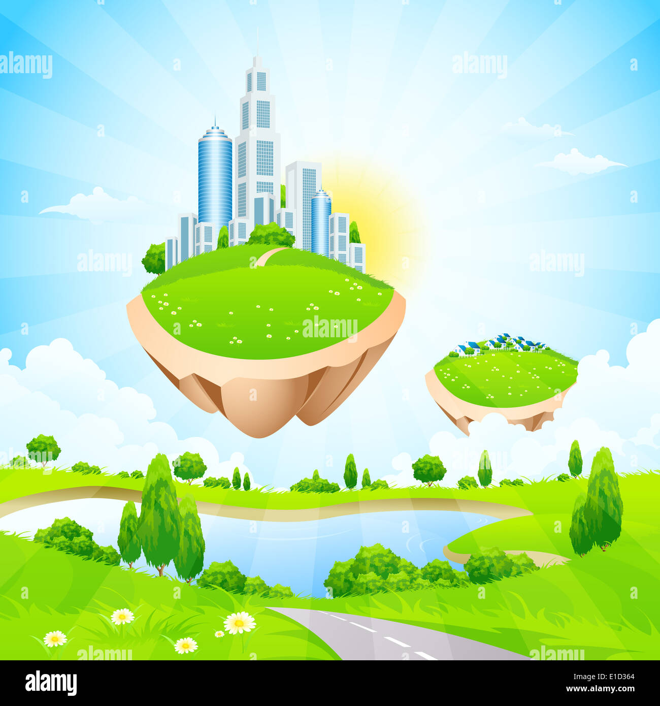 Flying in the Sky Business City on Island Stock Photo - Alamy