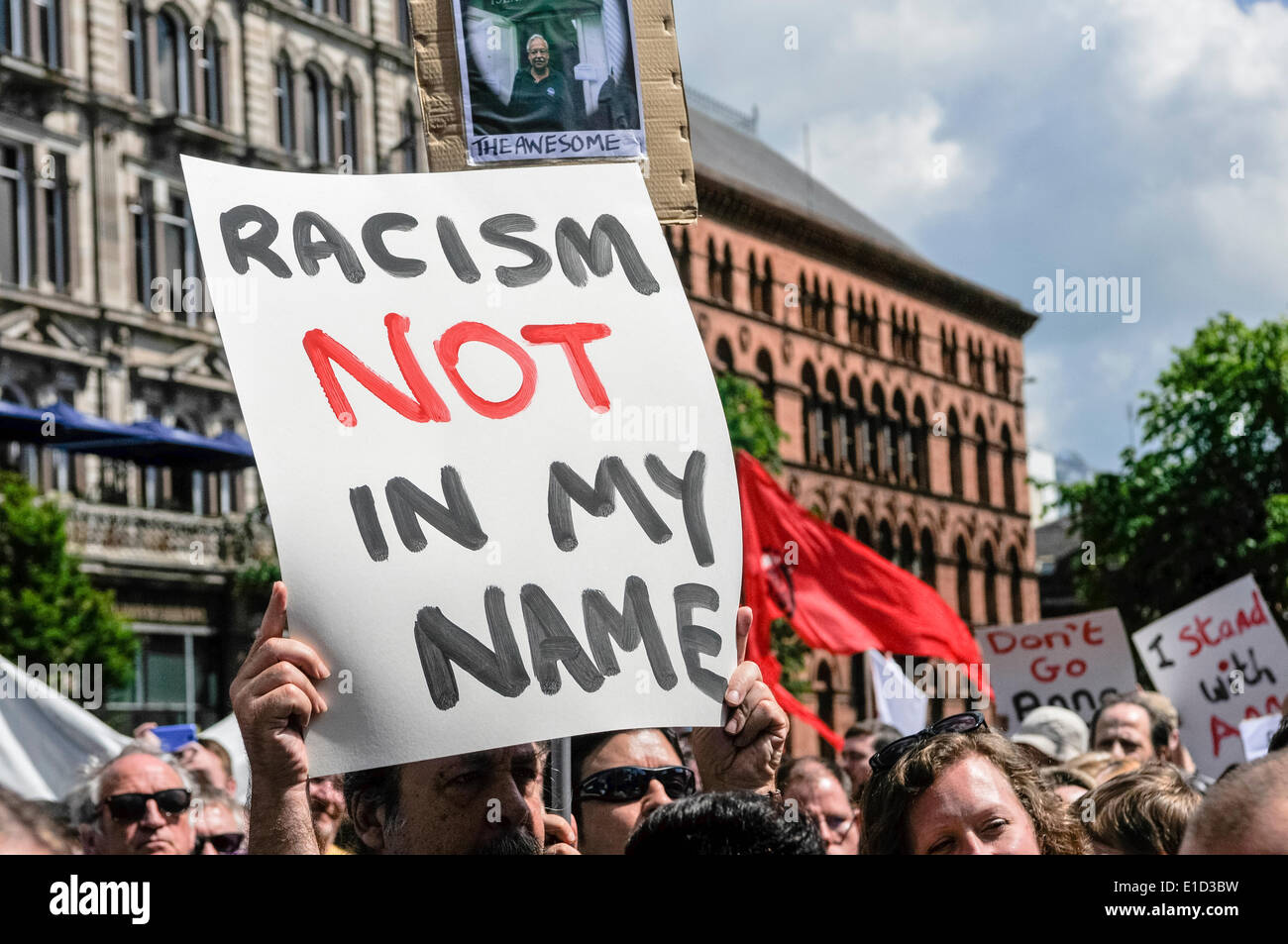 Belfast, Northern Ireland. 31 May 2014 - A sign saying 'Racism. Not in my name'.  Thousands of people turn out for an anti-racism rally held in support of Anna Lo MLA.  Ms Lo had threatened to leave Northern Ireland because of the amount of racist attacks. Credit:  Stephen Barnes/Alamy Live News Stock Photo