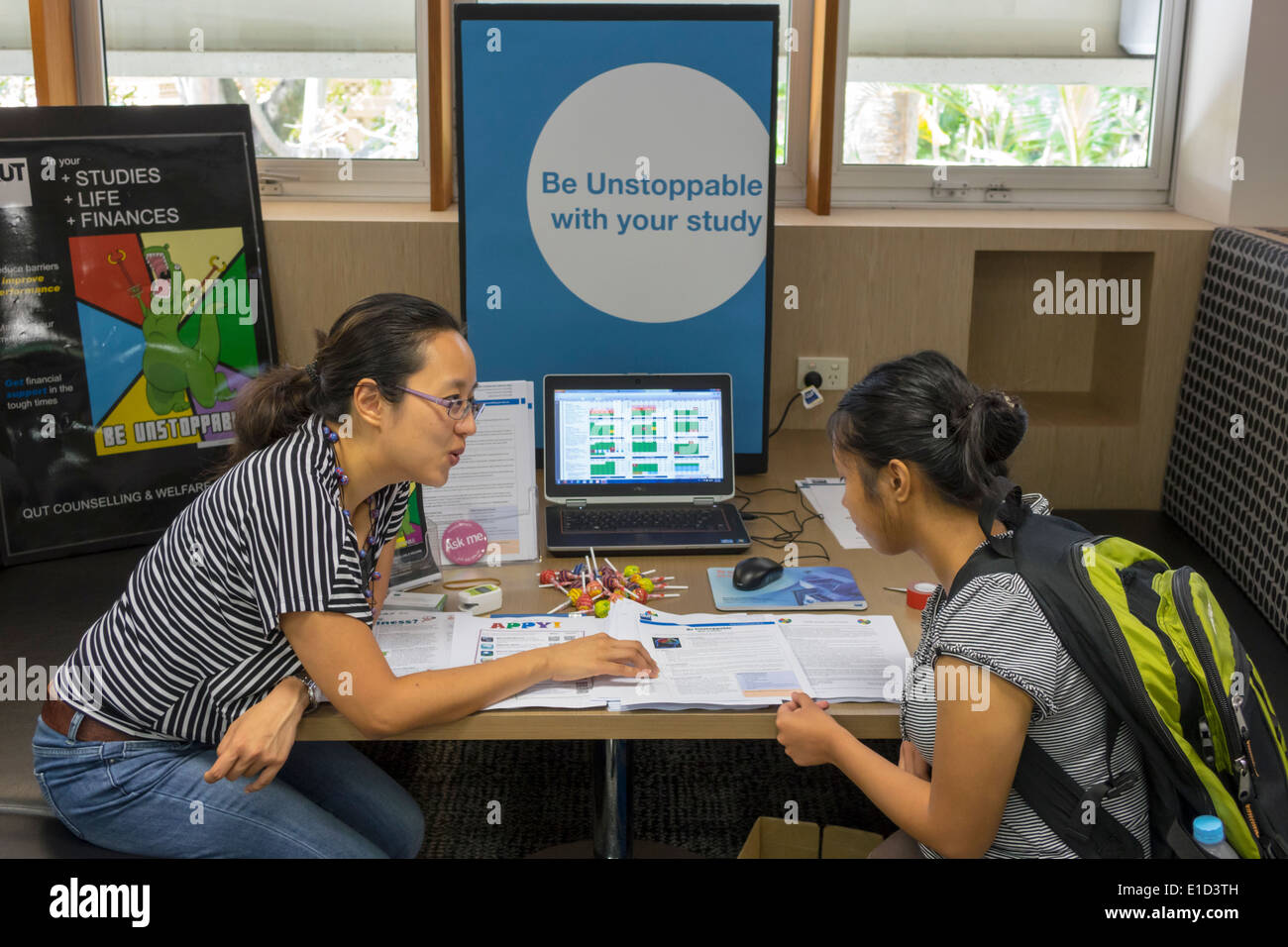 Brisbane Australia,QUT,Queensland University of Garden Point campus,A. M. Fraser Library,interior inside,homework help,study hall,student students tea Stock Photo