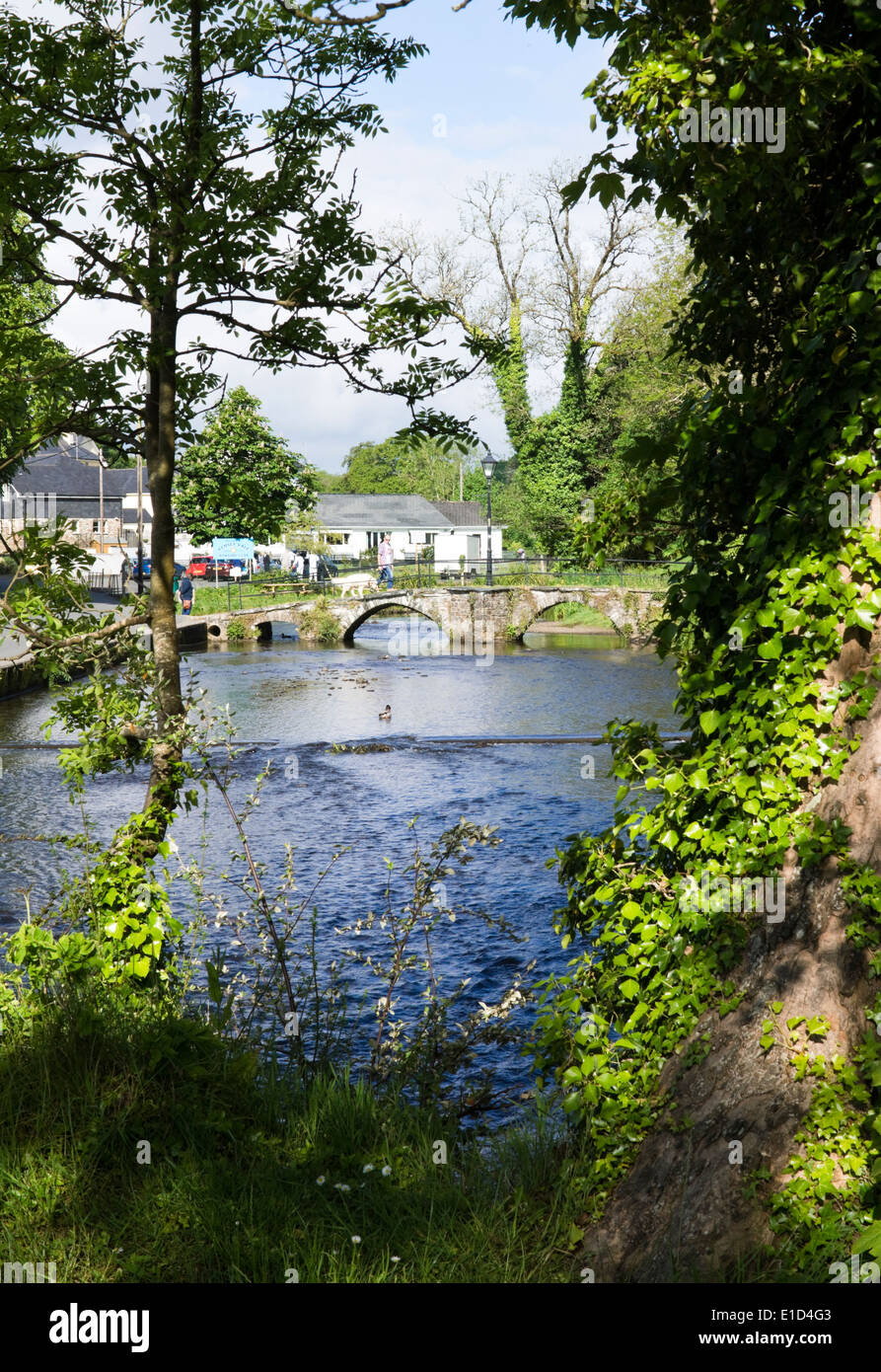 Launceston a small town in East Cornwall, the home of the Poet Charles Causley.  Priors Bridge and the River Kensey Stock Photo