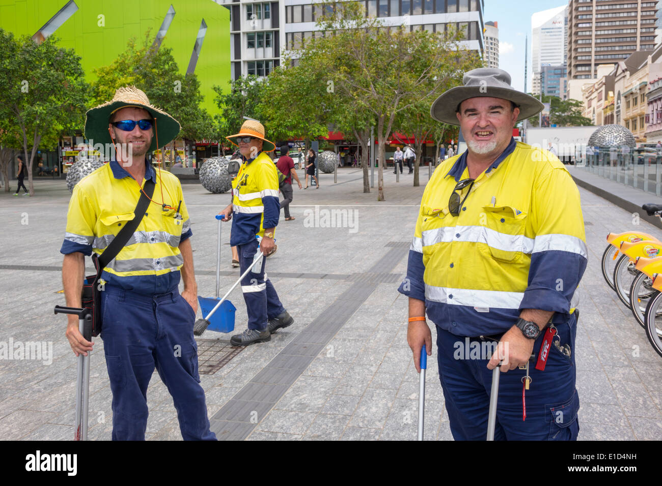 Brisbane Australia,Brisbane Square,city workers,man men male,employee worker workers working staff,street cleaners,uniform,AU140313066 Stock Photo