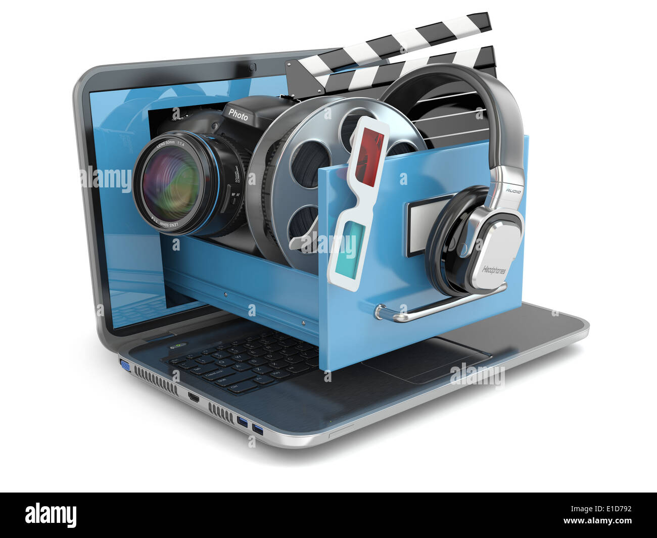 Multimedia concept. Laptop, camera , headphones and video attributes. 3d Stock Photo