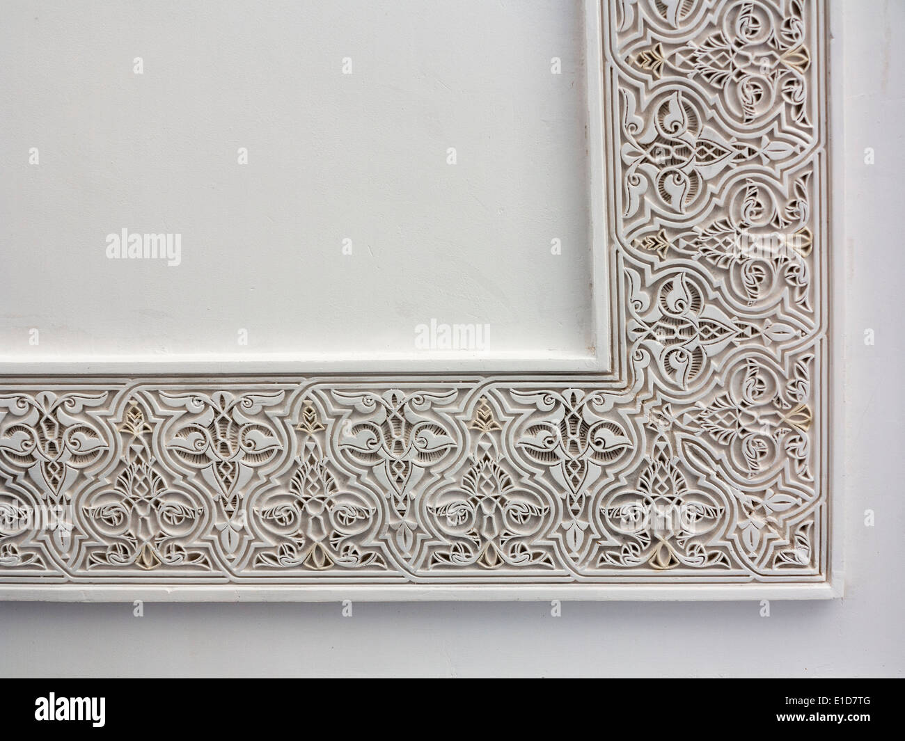 Close up detail of carved Moroccan cornice plasterwork and Stucco Stock Photo