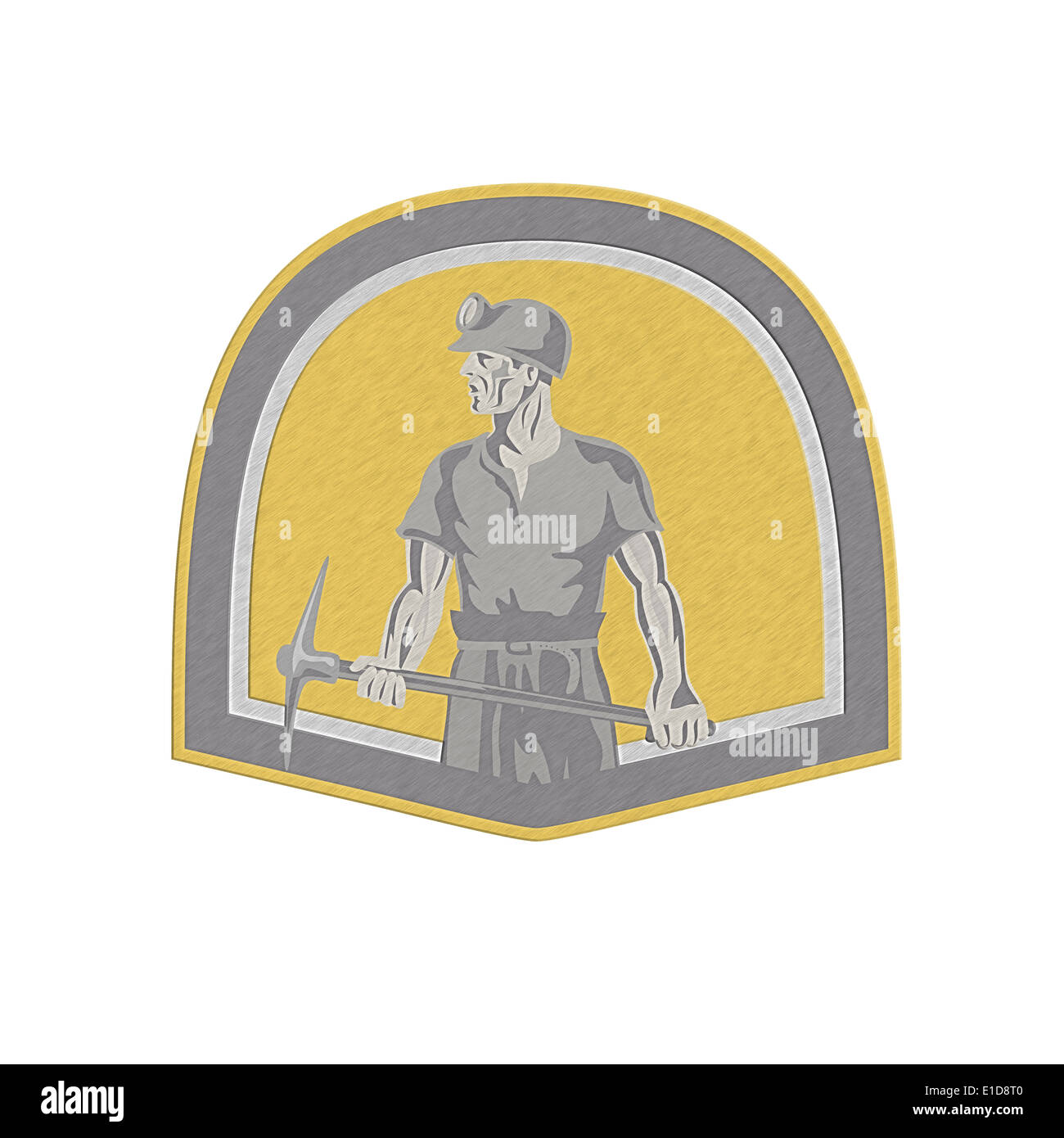 Metallic styled Illustration of a coal miner wearing hardhat looking to the side holding a pick axe set inside shield crest done Stock Photo