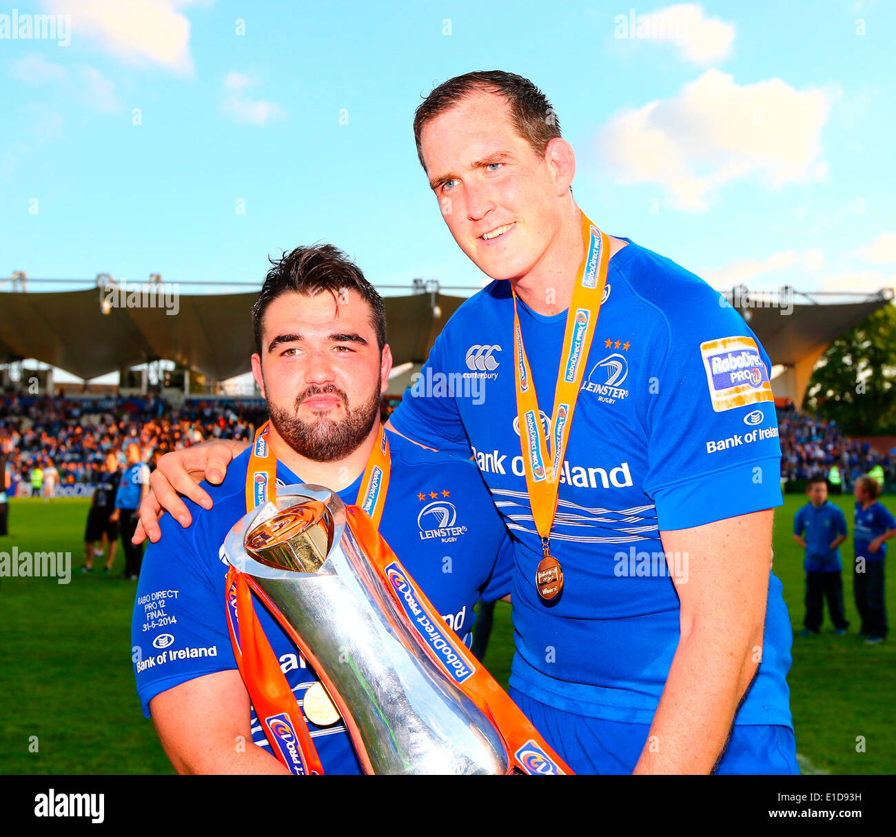 Dublin, Ireland. 31st May, 2014. Martin Moore (Leinster) and Devin Toner (Leinster) celebrate with the trophy after winning the RaboDirect Pro12 Final match between Leinster and Glasgow at the RDS Arena. Credit:  Action Plus Sports/Alamy Live News Stock Photo