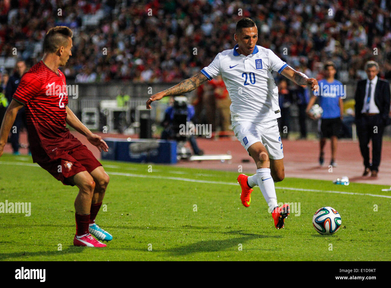 Lisbon, Porrtugal. 31st May, 2014. Greece defender José Holebas (20) in action during preparatory friendly match for the World Cup at the National Stadium in Lisbon, Portugal, Saturday, May 31, 2014. Credit:  Leonardo Mota/Alamy Live News Stock Photo