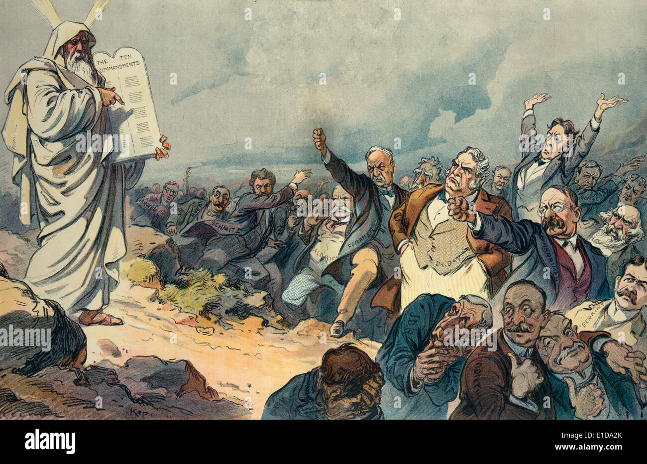 An angry mob of capitalists, businessmen, and politicians, some shaking their fists at Moses, who is standing on the left holding a tablet with 'The Ten Commandments'. 1908. Political Cartoon Stock Photo