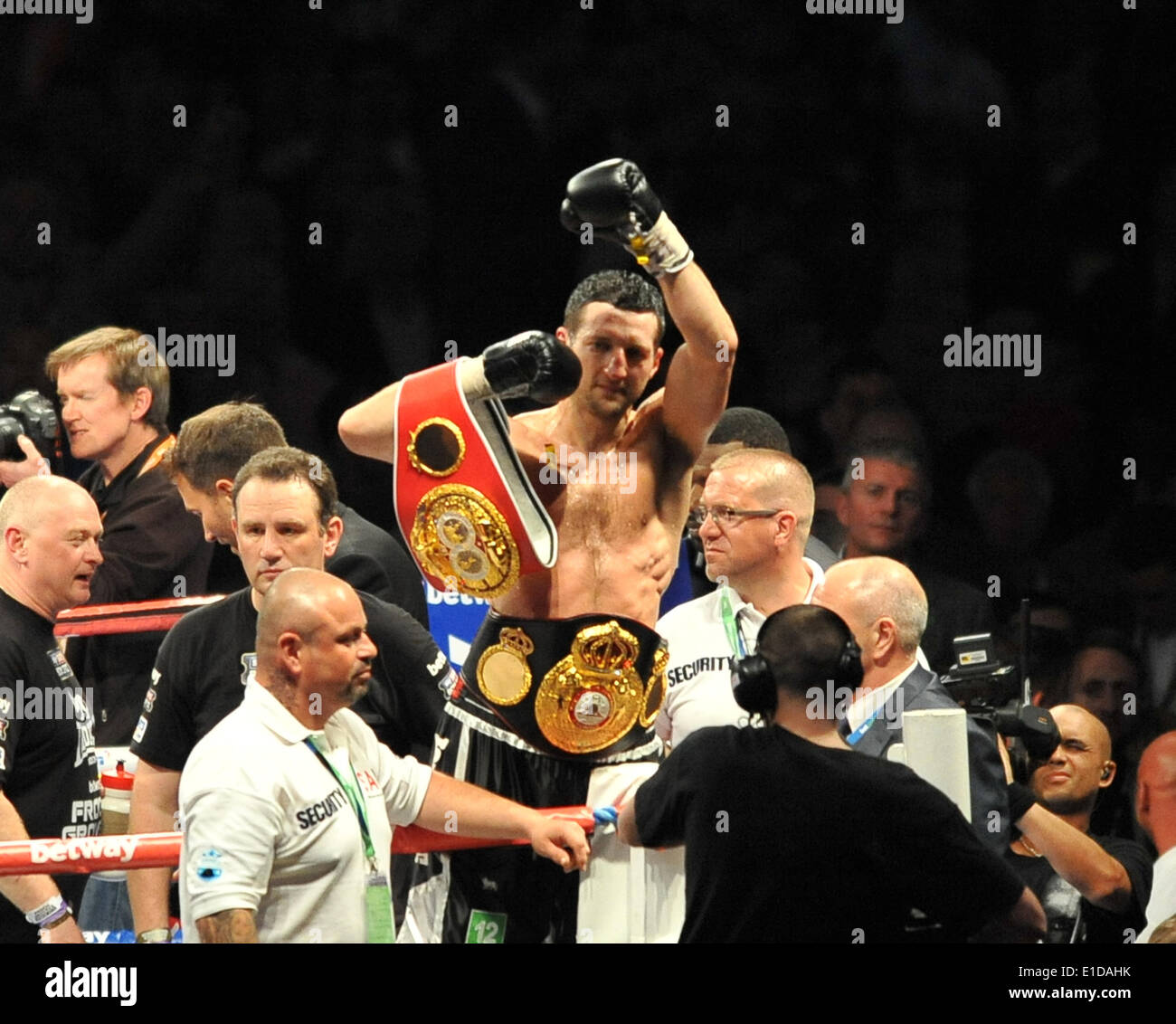 Wembley Stadium, London, UK. 31st May, 2014. WBA and IBF Super Middleweight World Championship Carl Froch versus George Groves. Froch celebrates retaining his belt and winning by an 8th round knock-out Credit:  Action Plus Sports/Alamy Live News Stock Photo