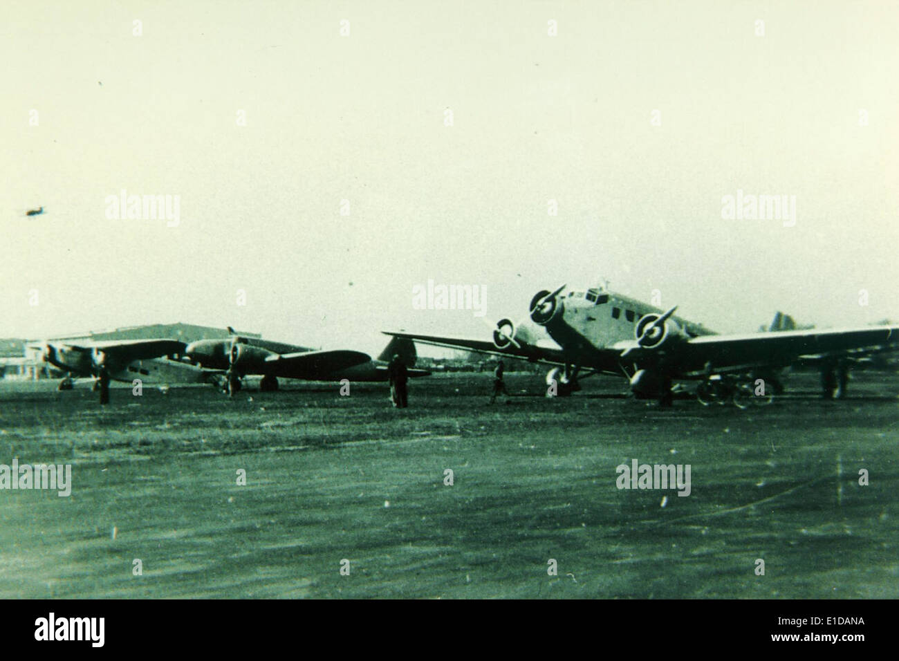 The Junkers Ju-52, nicknamed 'Tante Ju' or 'Auntie Ju,' was a German transport aircraft widely used in the 1930s and 1940s. Known for its distinctive corrugated metal wings, it served in both civilian and military roles, and was a predecessor to later airliners like the Boeing 247 and Ford Trimotor. Stock Photo