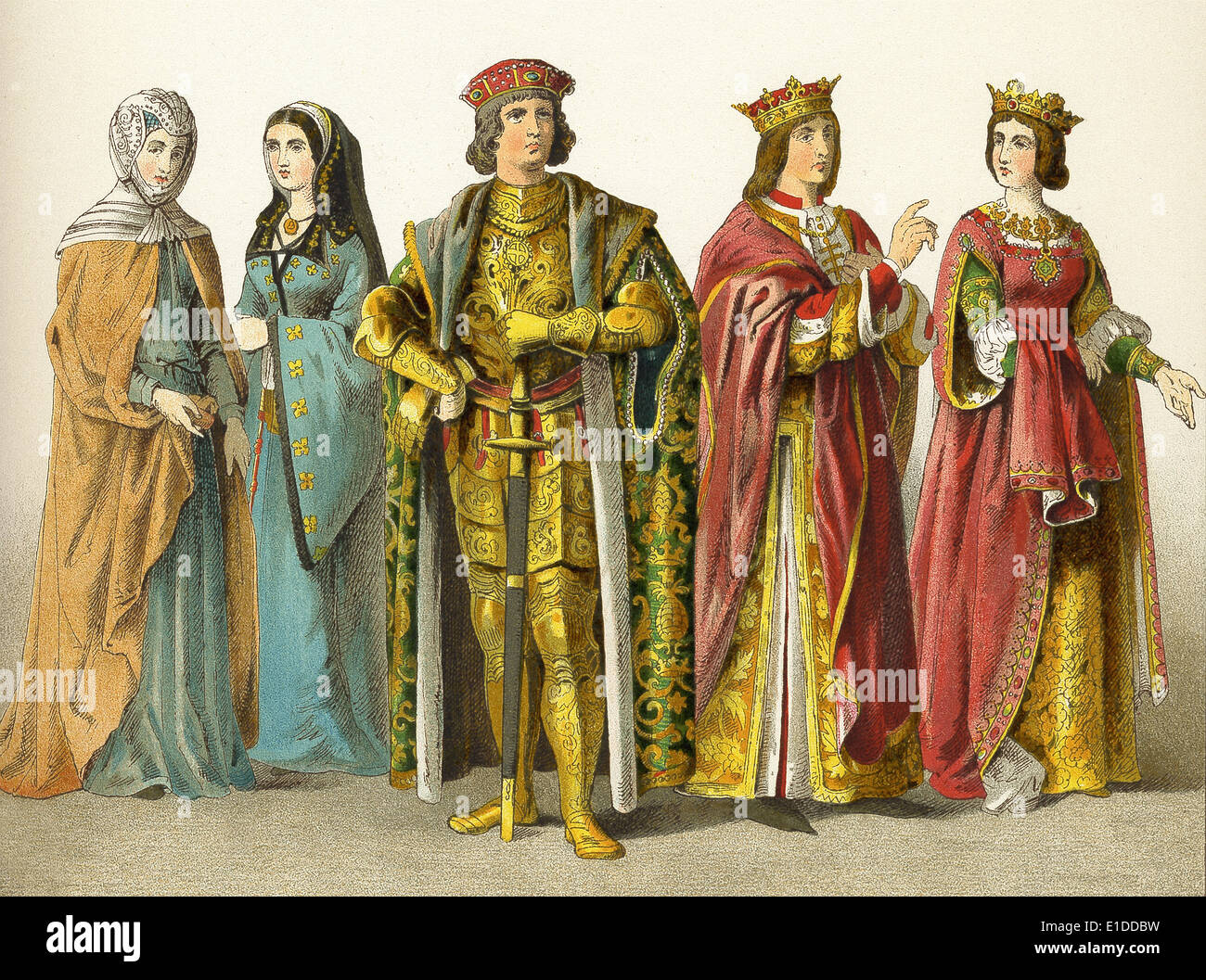 Spanish nobility and royalty in the 1400s: two ladies of rank, count, King Ferdinand, and Queen Isabelle. Stock Photo