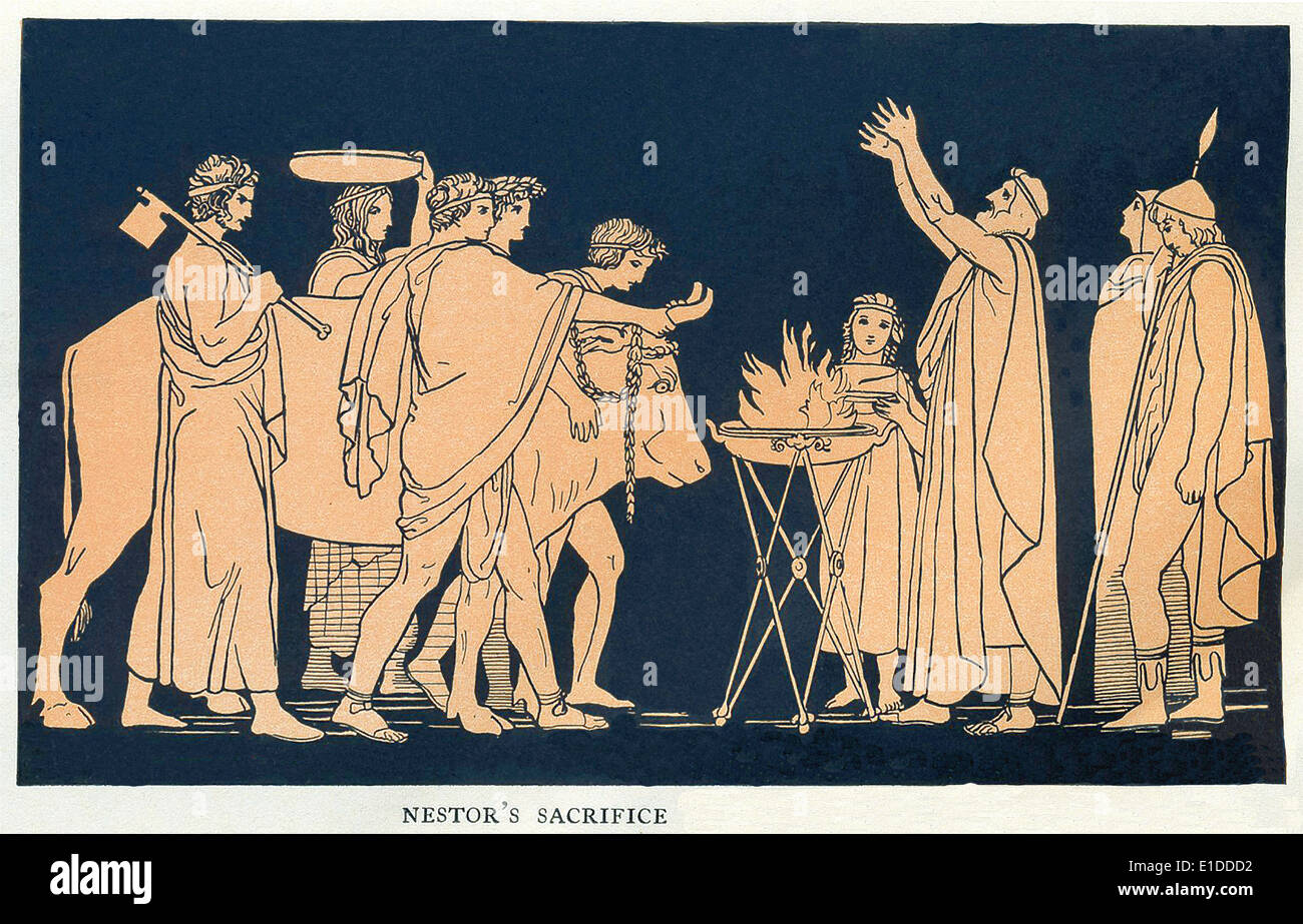 Nestor, the wise old king of Pylos, advises Telemachus and offers a sacrifice to Athena before sending him on his way. Stock Photo