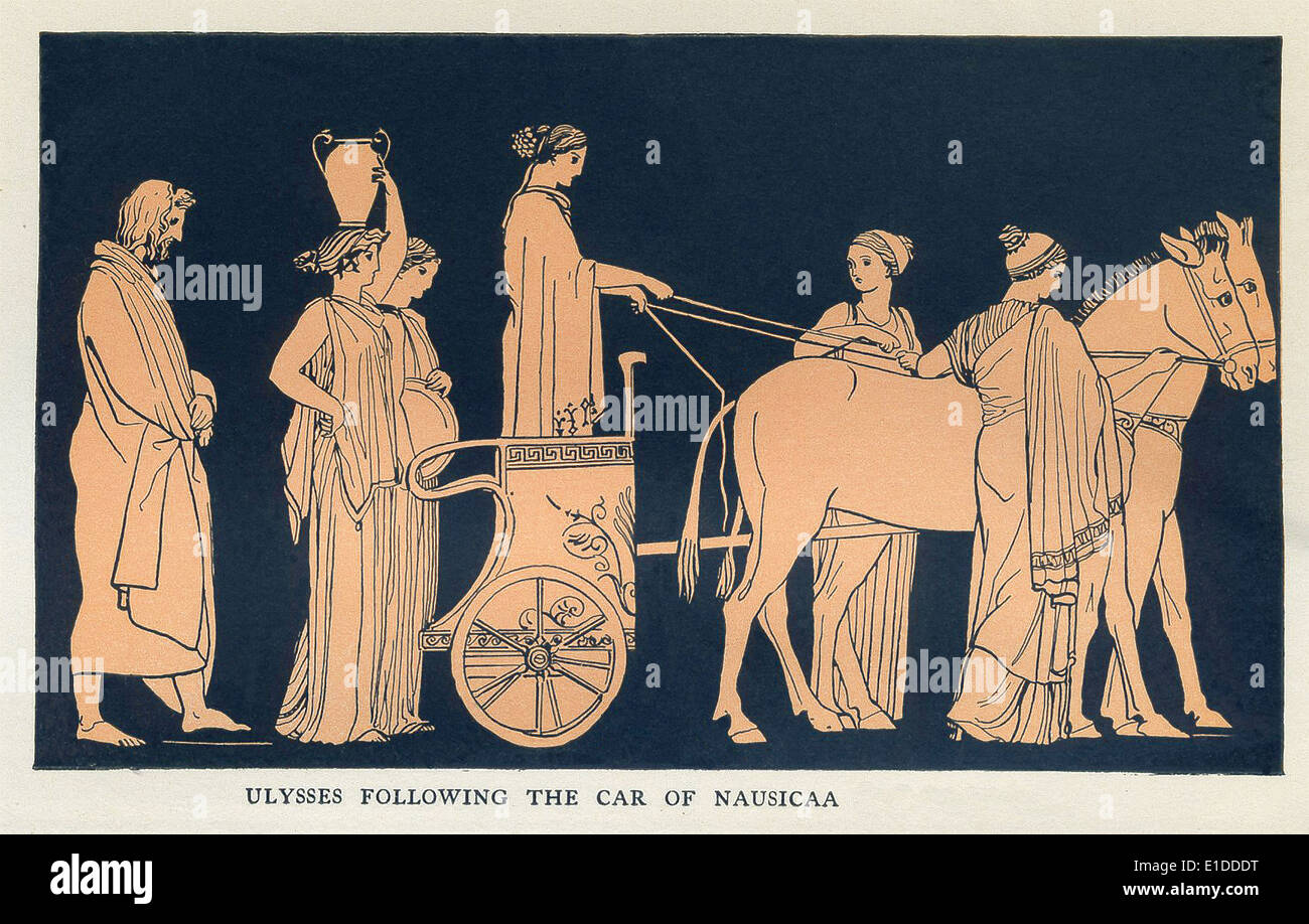 As in the epic poem Odyssey by the Greek bard Homer, Odysseus follows Nausicaa in her chariot to the palace. Stock Photo