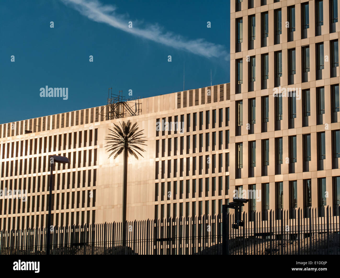 New headquarters of the BND, the Federal Intelligence Service of Germany in Berlin, in low sunlight. Fake palm trees. Stock Photo