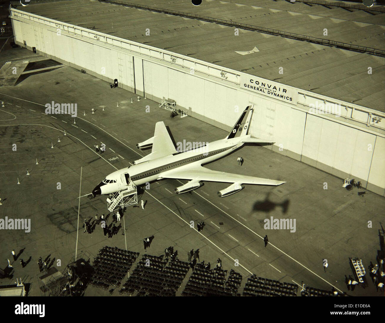 The Convair 880, with registration N801TW, was part of a press event and ceremony marking the aircraft's rollout at the Convair factory. This airliner was a significant advancement in commercial aviation during the 1960s. Stock Photo