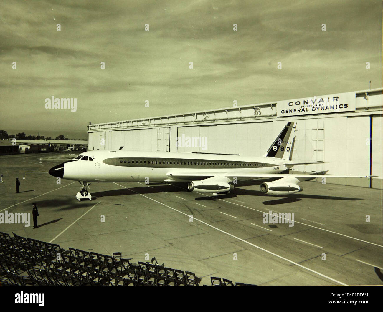 The Convair 880, a commercial airliner developed in the 1950s and 1960s, is featured in this image during a factory ceremony marking its rollout. The N801TW was one of the aircraft to be showcased during this event. Stock Photo