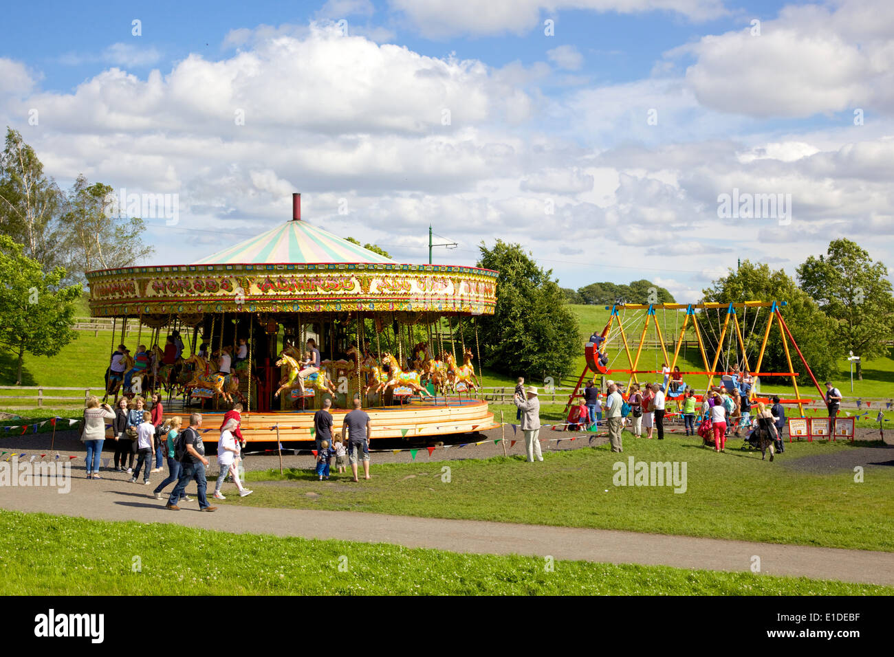 An antique steam carousel situated at Beamish Museum, an open-air museum North-East England. Stock Photo
