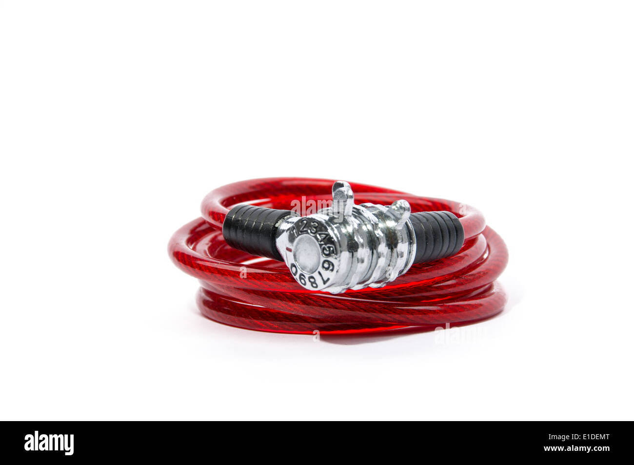 Red numeric combination bicycle lock on isolated white background Stock Photo